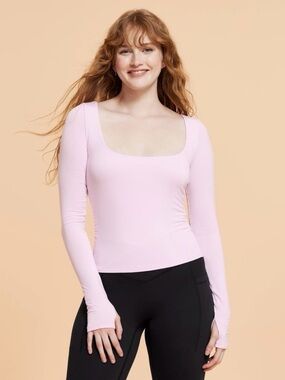 Blogilates Love Story Long-Sleeve Square Neck Top in Light Pink - Size XL, EUC